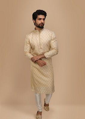 alt message - Manyavar Men Beige Self Motif Kurta Set image number 1